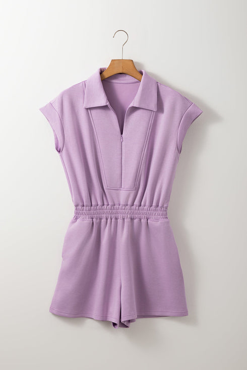 Orchid Bouquet Short Sleeve Zipper Collared Elastic High Waist Romper