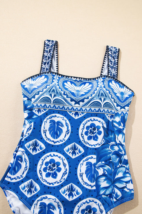 Ornamental Heart Motif Square Neck One Piece Swimsuit