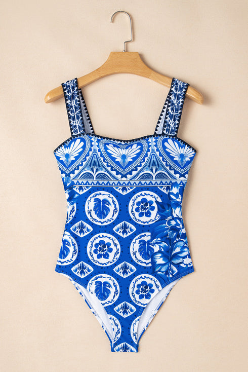Ornamental Heart Motif Square Neck One Piece Swimsuit