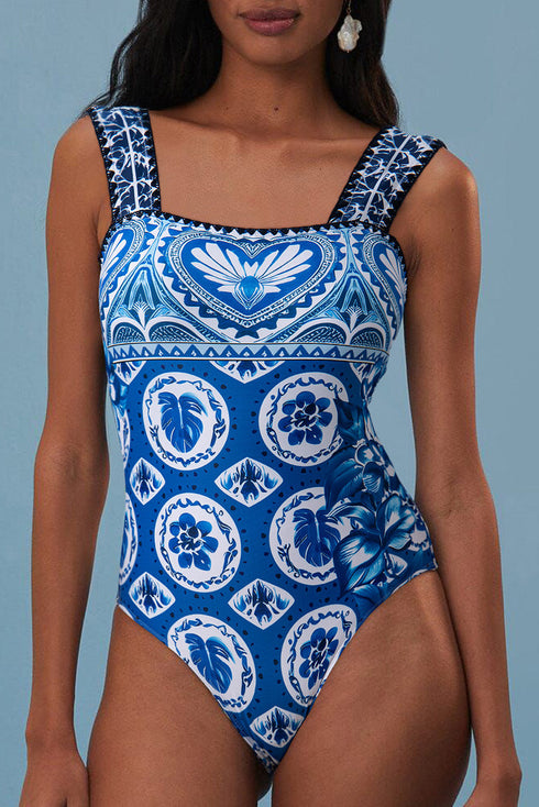 Ornamental Heart Motif Square Neck One Piece Swimsuit