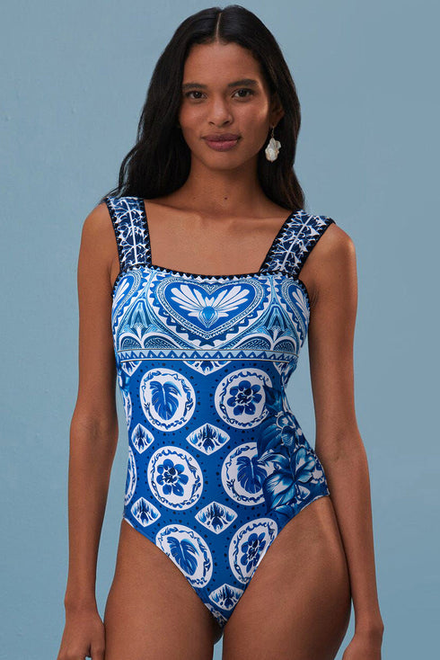 Ornamental Heart Motif Square Neck One Piece Swimsuit