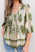 Ornamental Print Button Front Tie Neck Blouse
