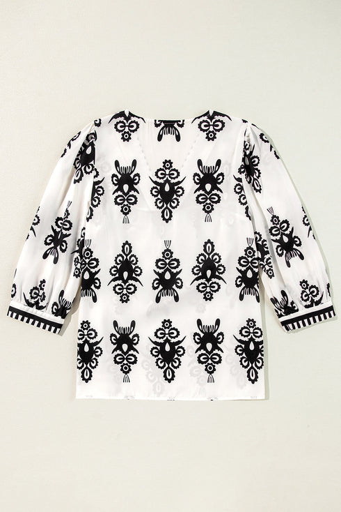 Ornamental Print Three Quarter Sleeve V Neck Blouse