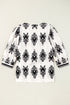 Ornamental Print Three Quarter Sleeve V Neck Blouse