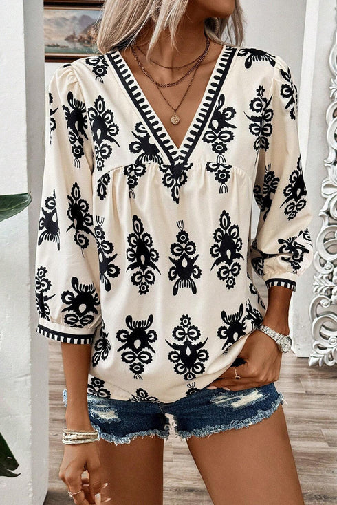 Ornamental Print Three Quarter Sleeve V Neck Blouse