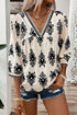Ornamental Print Three Quarter Sleeve V Neck Blouse