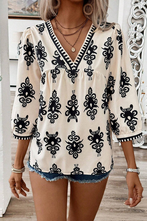Ornamental Print Three Quarter Sleeve V Neck Blouse