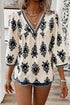 Ornamental Print Three Quarter Sleeve V Neck Blouse