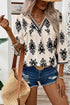 Ornamental Print Three Quarter Sleeve V Neck Blouse