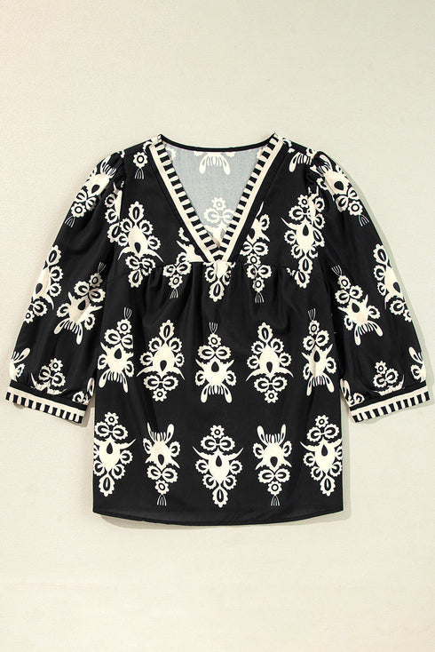 Ornamental Print Three Quarter Sleeve V Neck Blouse