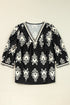 Ornamental Print Three Quarter Sleeve V Neck Blouse
