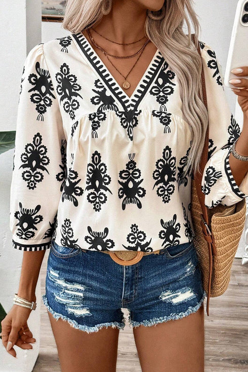 Ornamental Print Three Quarter Sleeve V Neck Blouse