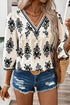 Ornamental Print Three Quarter Sleeve V Neck Blouse