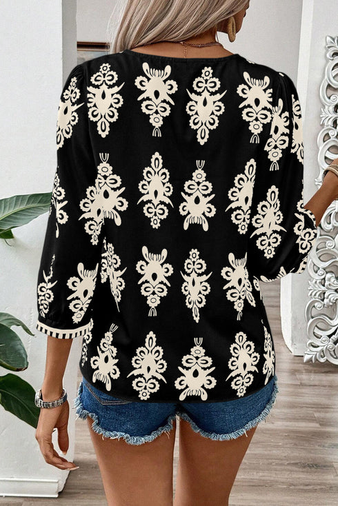 Ornamental Print Three Quarter Sleeve V Neck Blouse