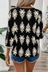 Ornamental Print Three Quarter Sleeve V Neck Blouse