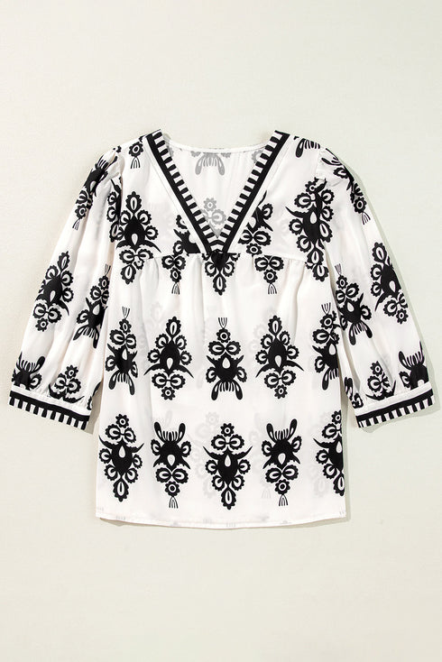 Ornamental Print Three Quarter Sleeve V Neck Blouse