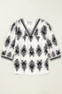 Ornamental Print Three Quarter Sleeve V Neck Blouse