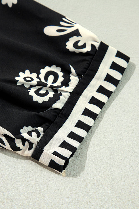 Ornamental Print Three Quarter Sleeve V Neck Blouse