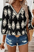 Ornamental Print Three Quarter Sleeve V Neck Blouse