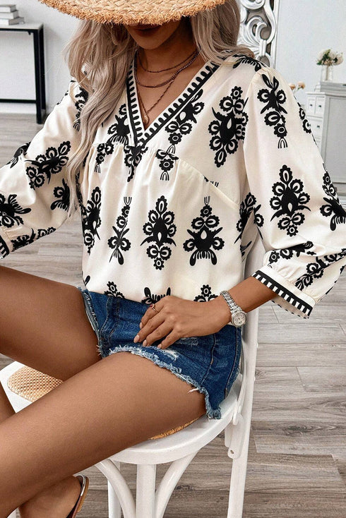 Ornamental Print Three Quarter Sleeve V Neck Blouse