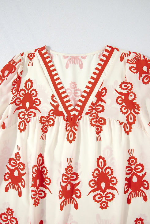 Ornamental Print Three Quarter Sleeve V Neck Blouse