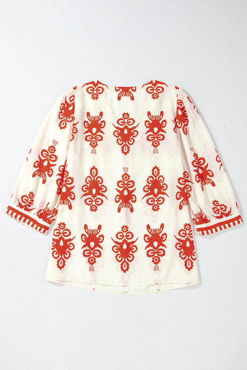 Ornamental Print Three Quarter Sleeve V Neck Blouse