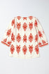 Ornamental Print Three Quarter Sleeve V Neck Blouse