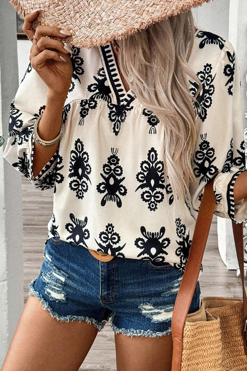Ornamental Print Three Quarter Sleeve V Neck Blouse