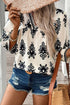 Ornamental Print Three Quarter Sleeve V Neck Blouse