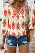 Ornamental Print Three Quarter Sleeve V Neck Blouse