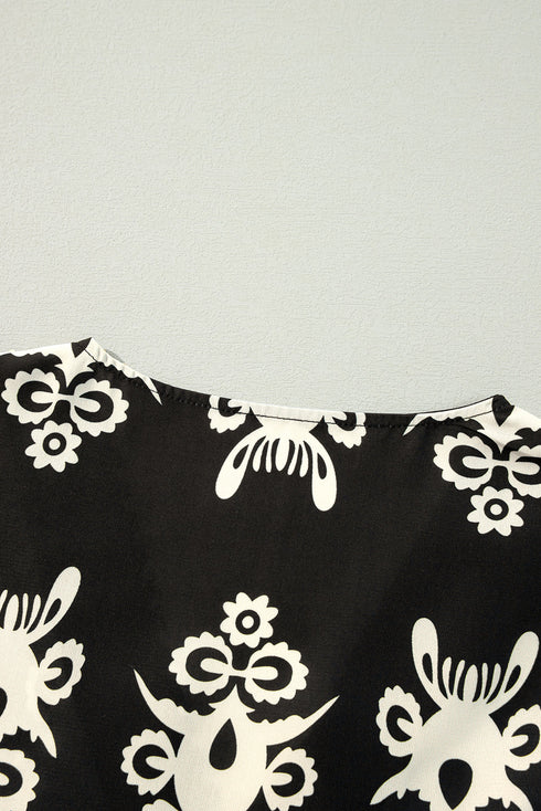 Ornamental Print Three Quarter Sleeve V Neck Blouse