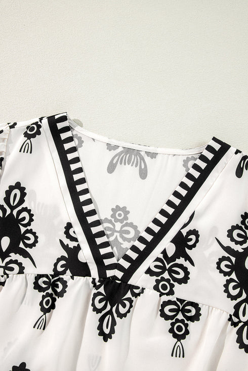 Ornamental Print Three Quarter Sleeve V Neck Blouse
