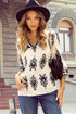 Ornamental Print Three Quarter Sleeve V Neck Blouse