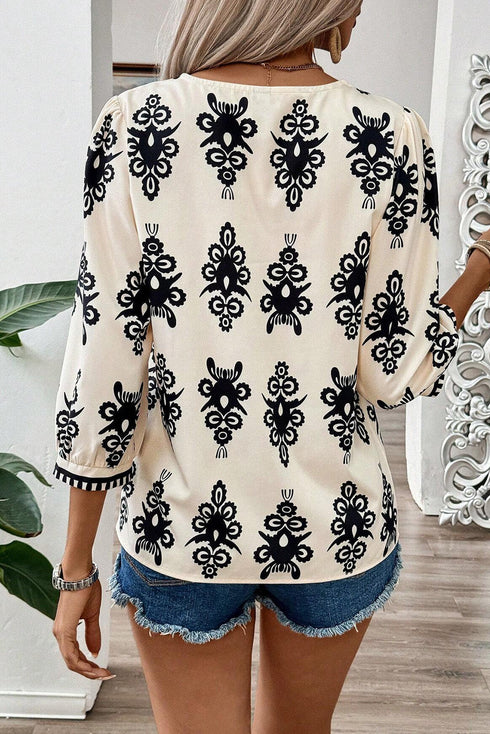 Ornamental Print Three Quarter Sleeve V Neck Blouse