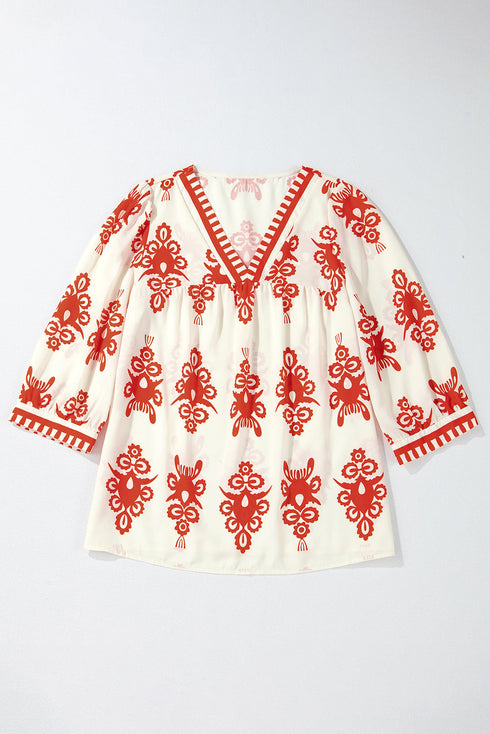 Ornamental Print Three Quarter Sleeve V Neck Blouse