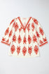 Ornamental Print Three Quarter Sleeve V Neck Blouse