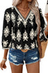 Ornamental Print Three Quarter Sleeve V Neck Blouse