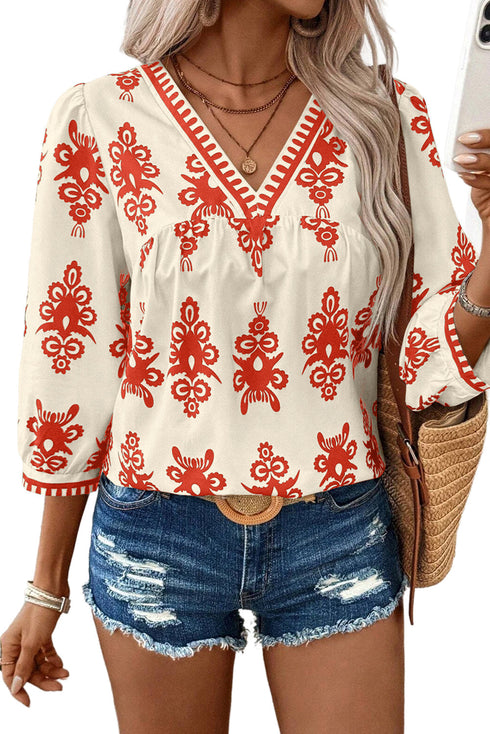 Ornamental Print Three Quarter Sleeve V Neck Blouse