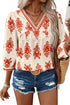 Ornamental Print Three Quarter Sleeve V Neck Blouse