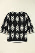 Ornamental Print Three Quarter Sleeve V Neck Blouse