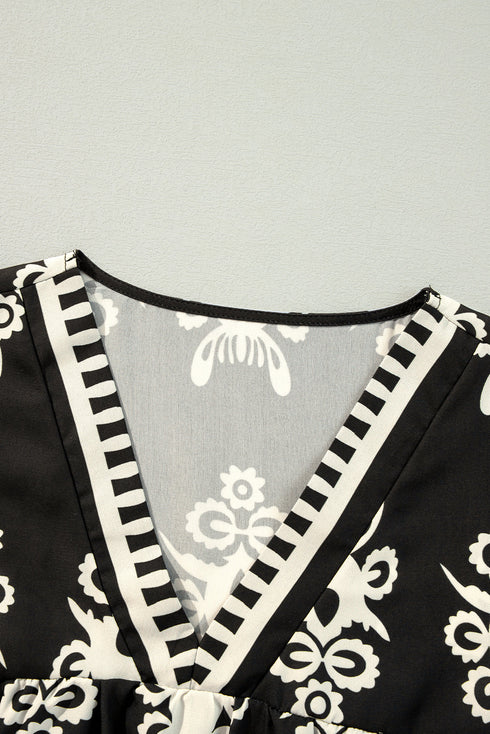 Ornamental Print Three Quarter Sleeve V Neck Blouse