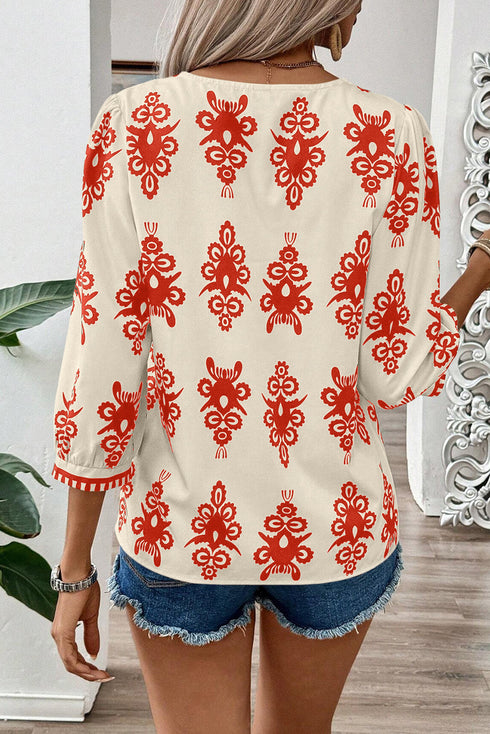 Ornamental Print Three Quarter Sleeve V Neck Blouse