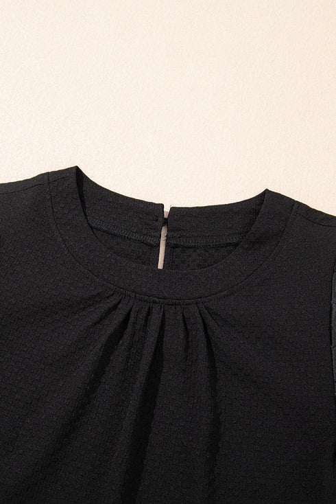 Ornate Sheer Patchwork Puff Sleeve Textured Bodice Elegant Top