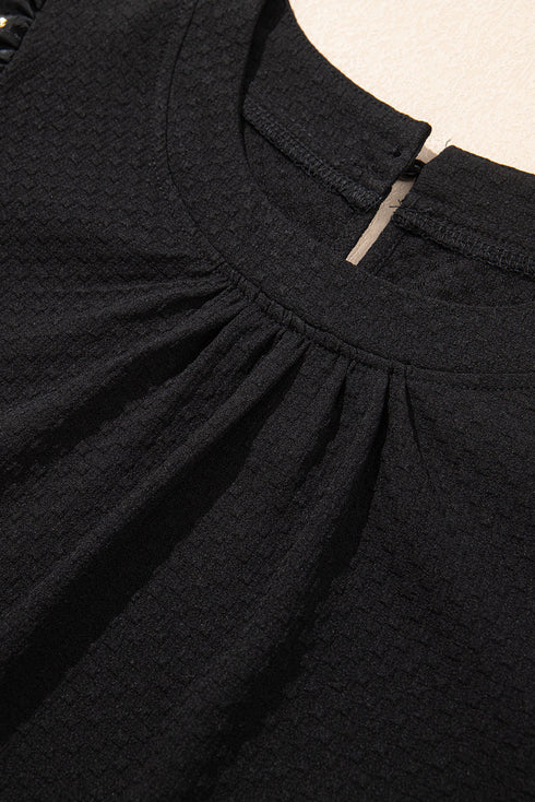 Ornate Sheer Patchwork Puff Sleeve Textured Bodice Elegant Top