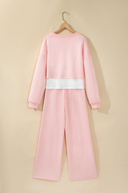 Overlay Long Sleeve Top Loose Drawstring Pant Set