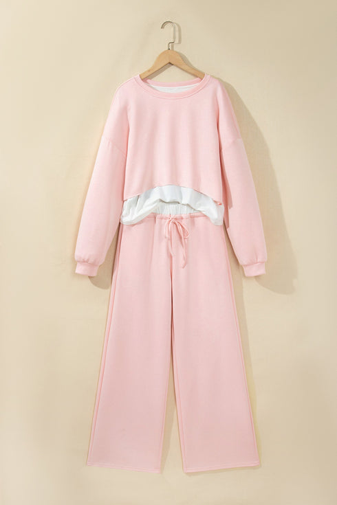 Overlay Long Sleeve Top Loose Drawstring Pant Set