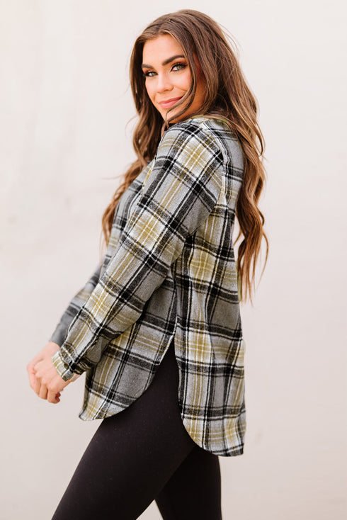 Oversize Rounded Hem Plaid Shacket With Slits