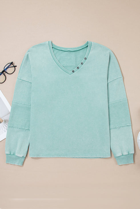 Oversized Button Detail V Neck Drop Shoulder Sweatshirt