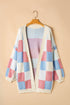 Oversized Check Pattern Open Front Knit Cardigan