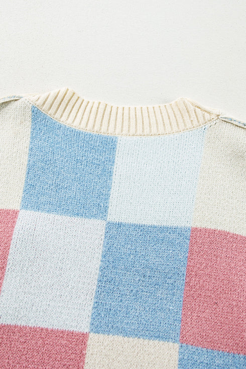 Oversized Check Pattern Open Front Knit Cardigan